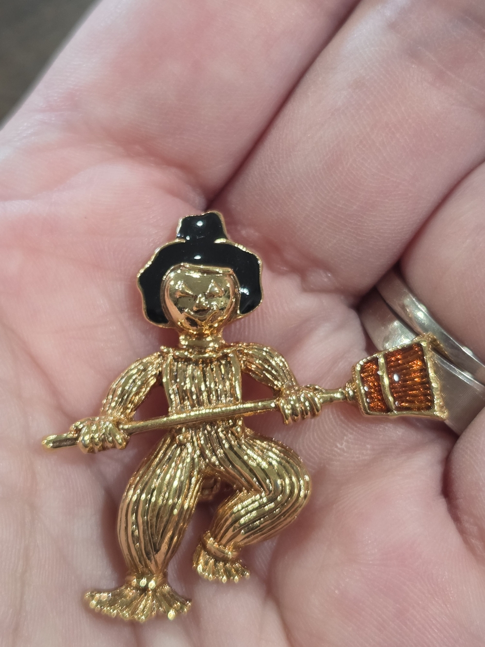 Gold-Tone Enamel Scarecrow Brooch - Black Hat, Orange Broom